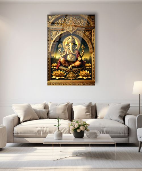 Altın Lord Ganesha Cam Tablo
