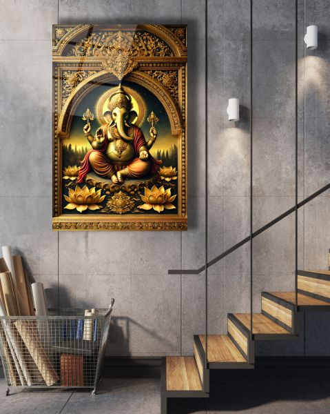 Altın Lord Ganesha Cam Tablo