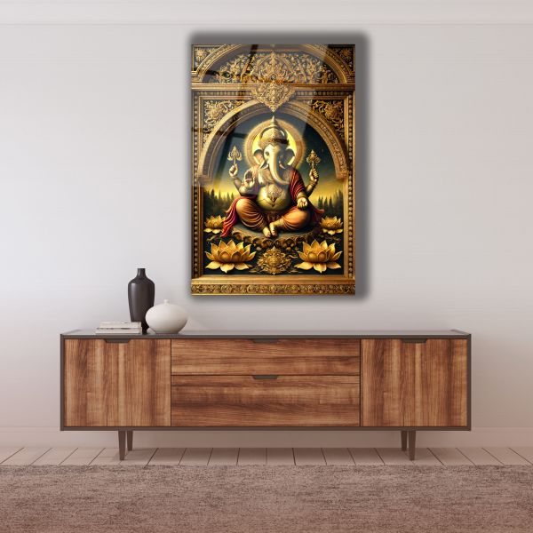 Altın Lord Ganesha Cam Tablo