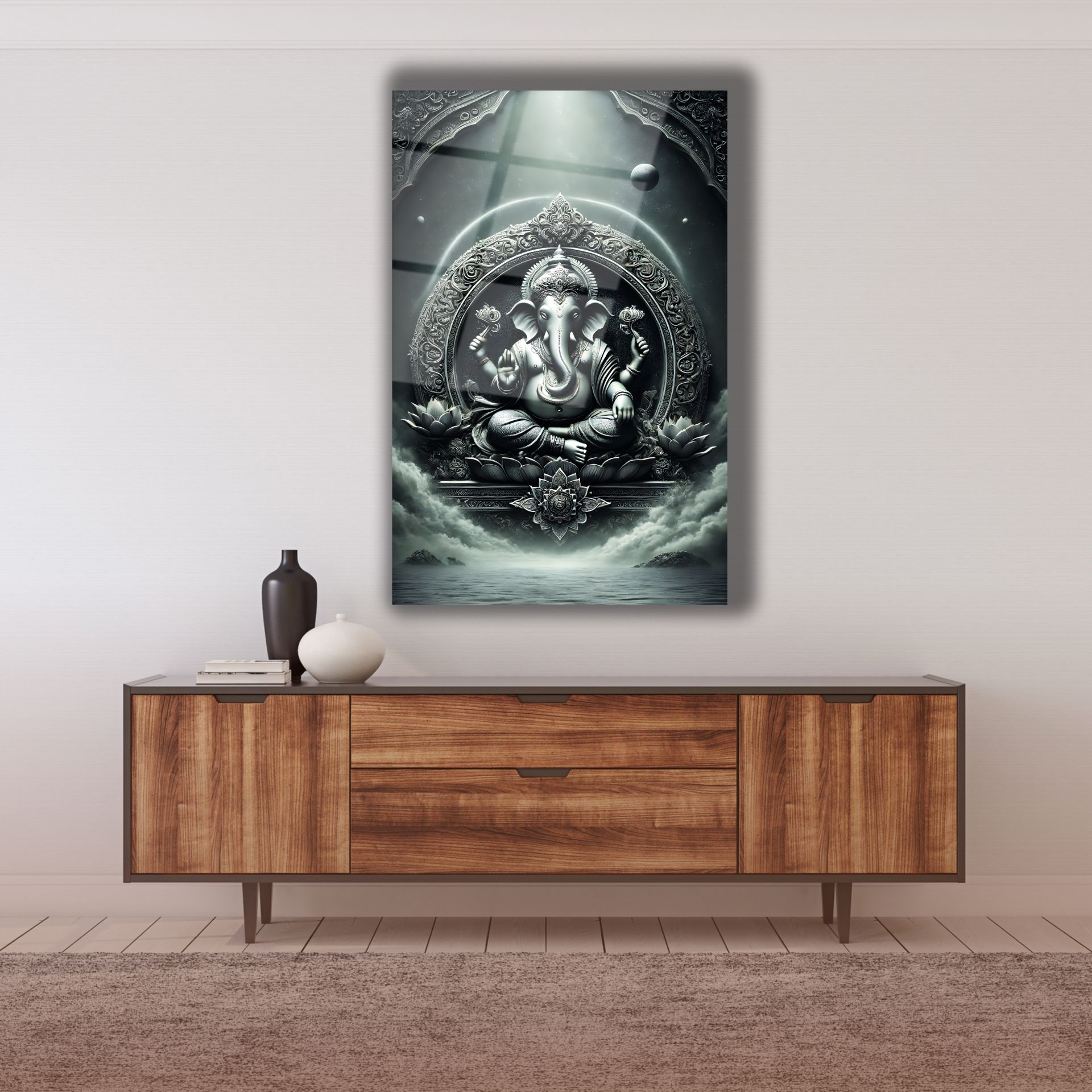 Siyah Beyaz Lord Ganesha Cam Tablo