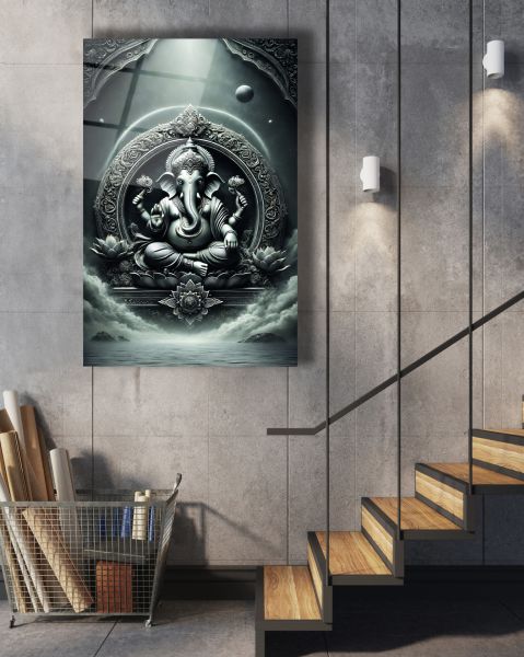 Siyah Beyaz Lord Ganesha Cam Tablo