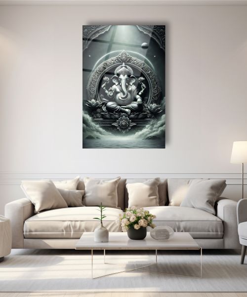 Siyah Beyaz Lord Ganesha Cam Tablo