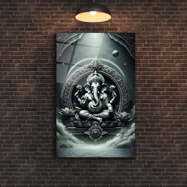 Siyah Beyaz Lord Ganesha Cam Tablo