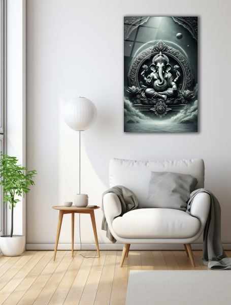 Siyah Beyaz Lord Ganesha Cam Tablo