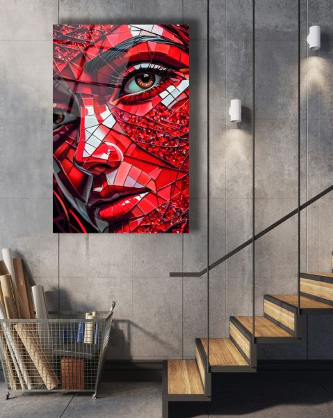 Kırmızı Geometrik Desenli Kadın Cam Tablo