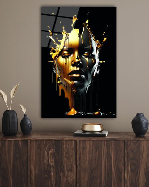 Altın Boyalı Afrikalı Kadın Cam Tablo