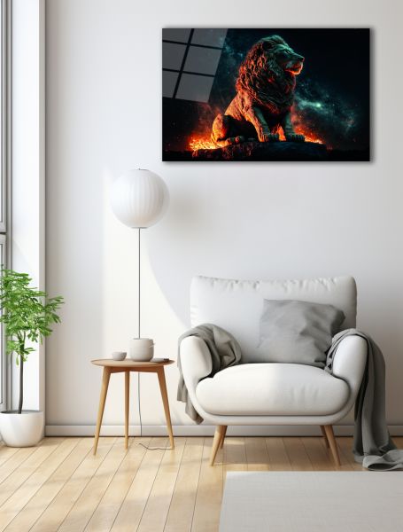 Kayalık Üstünde Aslan Cam Tablo