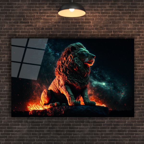 Kayalık Üstünde Aslan Cam Tablo