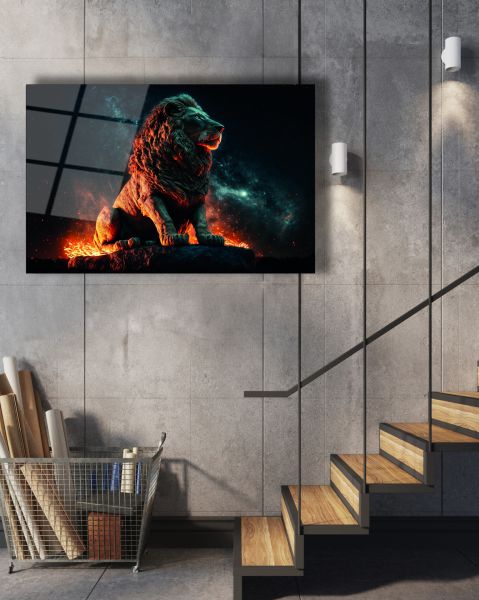 Kayalık Üstünde Aslan Cam Tablo