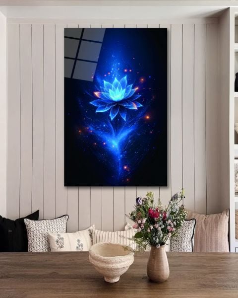Mavi Lotus Çiçeği Cam Tablo