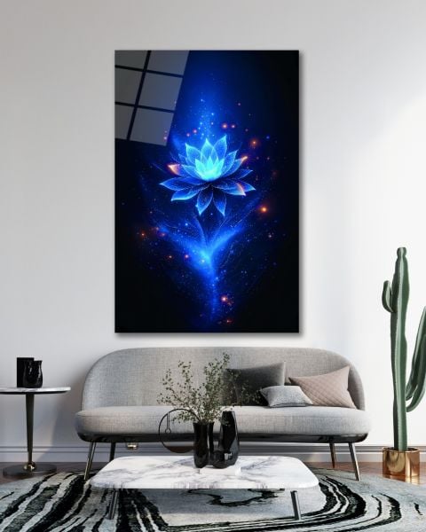 Mavi Lotus Çiçeği Cam Tablo