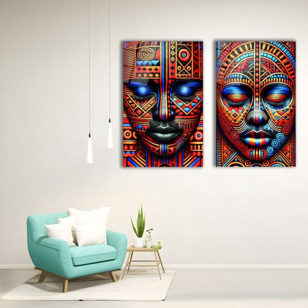 2'li Set Afrika Maskeleri Cam Tablo