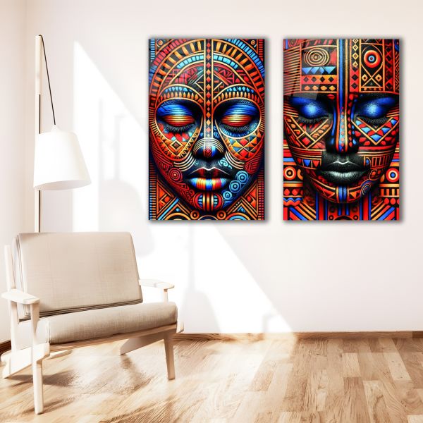 2'li Set Afrika Maskeleri Cam Tablo