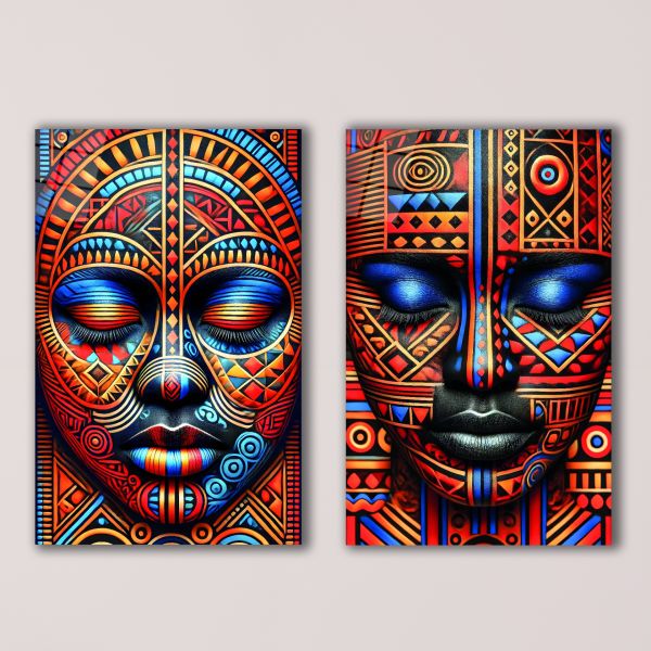 2'li Set Afrika Maskeleri Cam Tablo