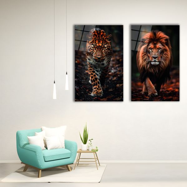 2'li Set Aslan ve Leopar Cam Tablo