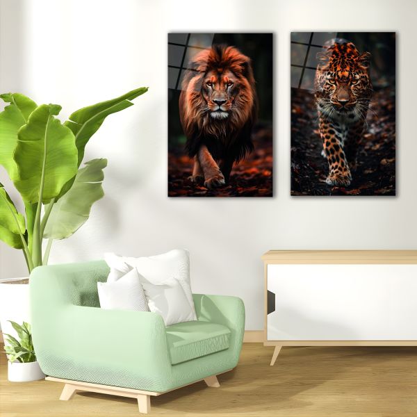 2'li Set Aslan ve Leopar Cam Tablo