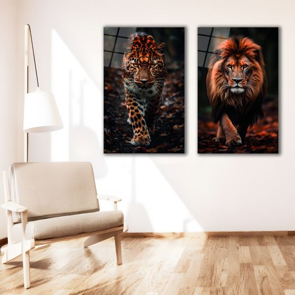 2'li Set Aslan ve Leopar Cam Tablo