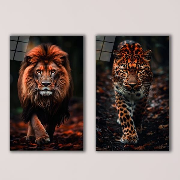 2'li Set Aslan ve Leopar Cam Tablo