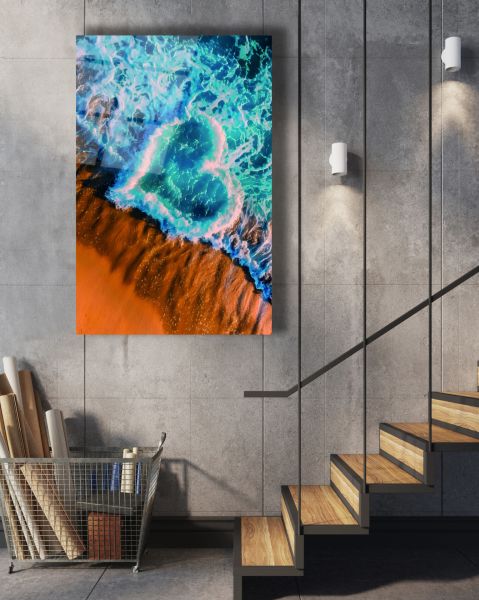 Dalgalardan Kalp Deseni Cam Tablo