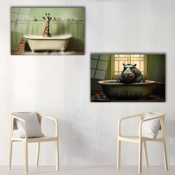 2'li Set Banyo Yapan Zürafa ve Hipopotam Cam Tablo