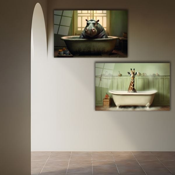 2'li Set Banyo Yapan Zürafa ve Hipopotam Cam Tablo