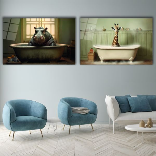 2'li Set Banyo Yapan Zürafa ve Hipopotam Cam Tablo