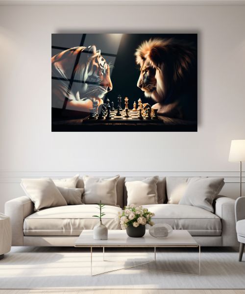 Aslan ve Kaplanın Satranç Düellosu Cam Tablo