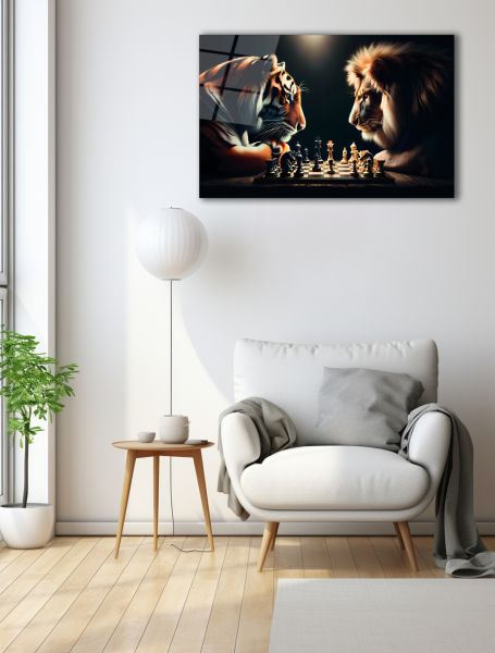 Aslan ve Kaplanın Satranç Düellosu Cam Tablo