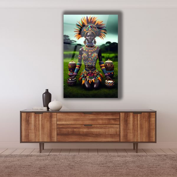 Afrikalı Kabile Kadını Cam Tablo