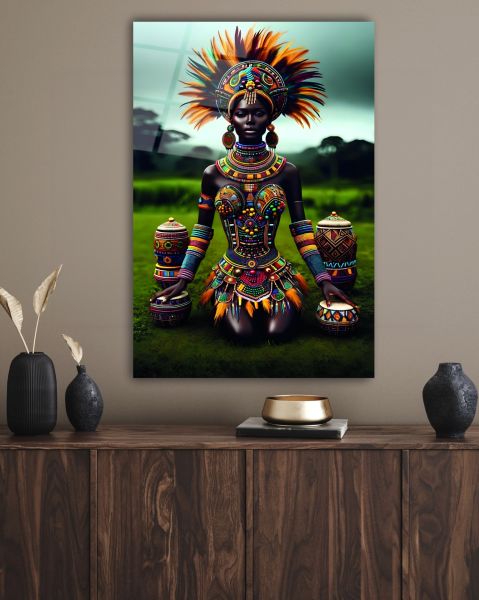 Afrikalı Kabile Kadını Cam Tablo